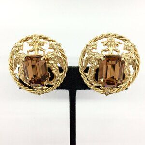 VINTAGE NAPIER RUNWAY Clip On Earrings Gold Tone Honey Amber Glass Faceted
